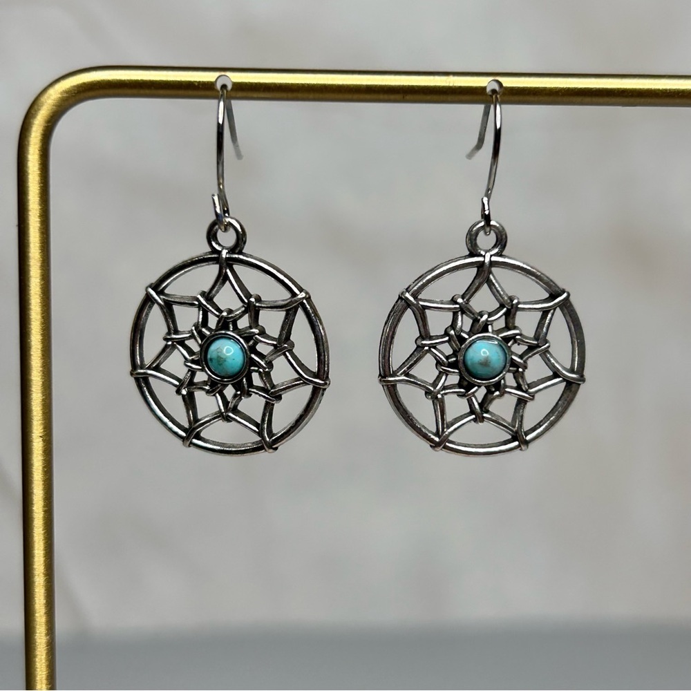 Silver Tone Dreamcatcher Earrings with Turquoise Stone Accent